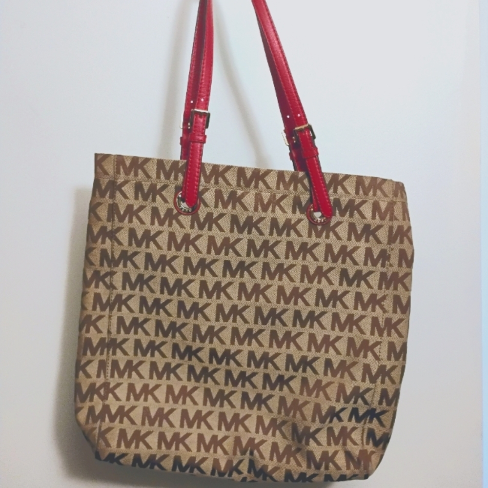 Michael Kors Signature Brown Tote with Red Straps